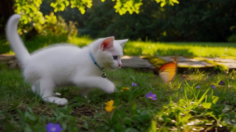 Text to video result: a white kitten chasing a butterfly across a sunlit garden