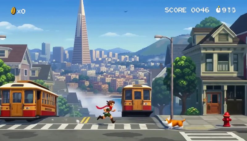 Pixel art video still: a San Francisco endless runner in 16-bit gameplay