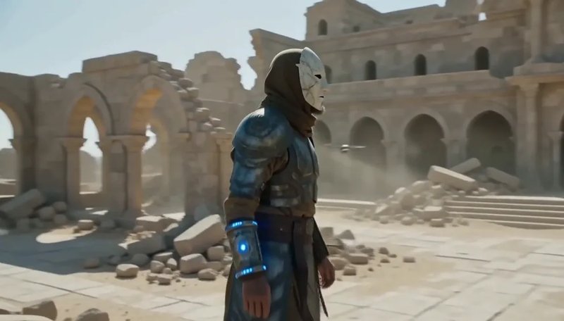Video still: a warrior-monk crossing a ruined monastery with drones overhead